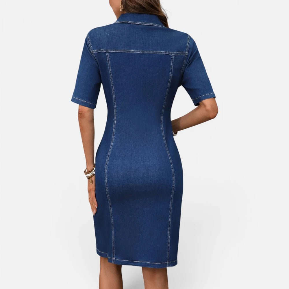 Robe en Jean Mi-Longue Ajustée avec Fermeture Éclair