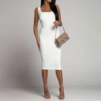 Robe Midi en Maille Côtélée à Col Carré sans Manches