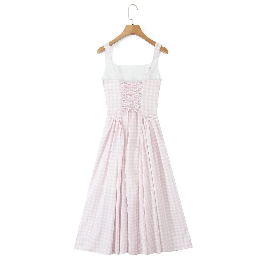 Robe Midi Évasée à Motif Vichy Rose et Blanc