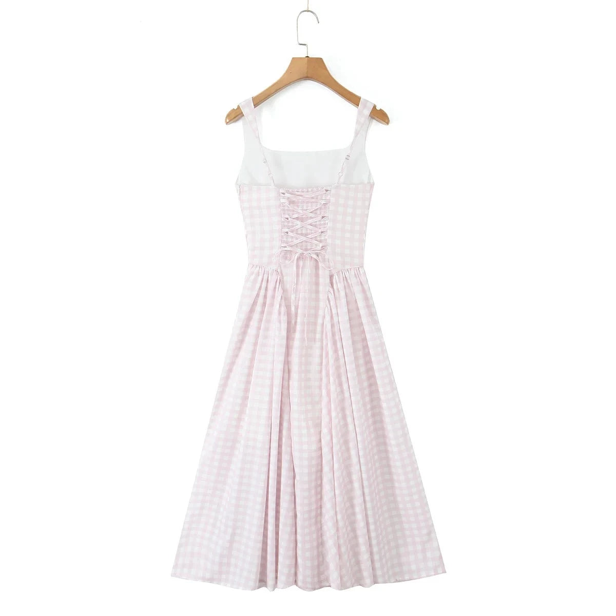 Robe Midi Évasée à Motif Vichy Rose et Blanc