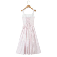 Robe Midi Évasée à Motif Vichy Rose et Blanc