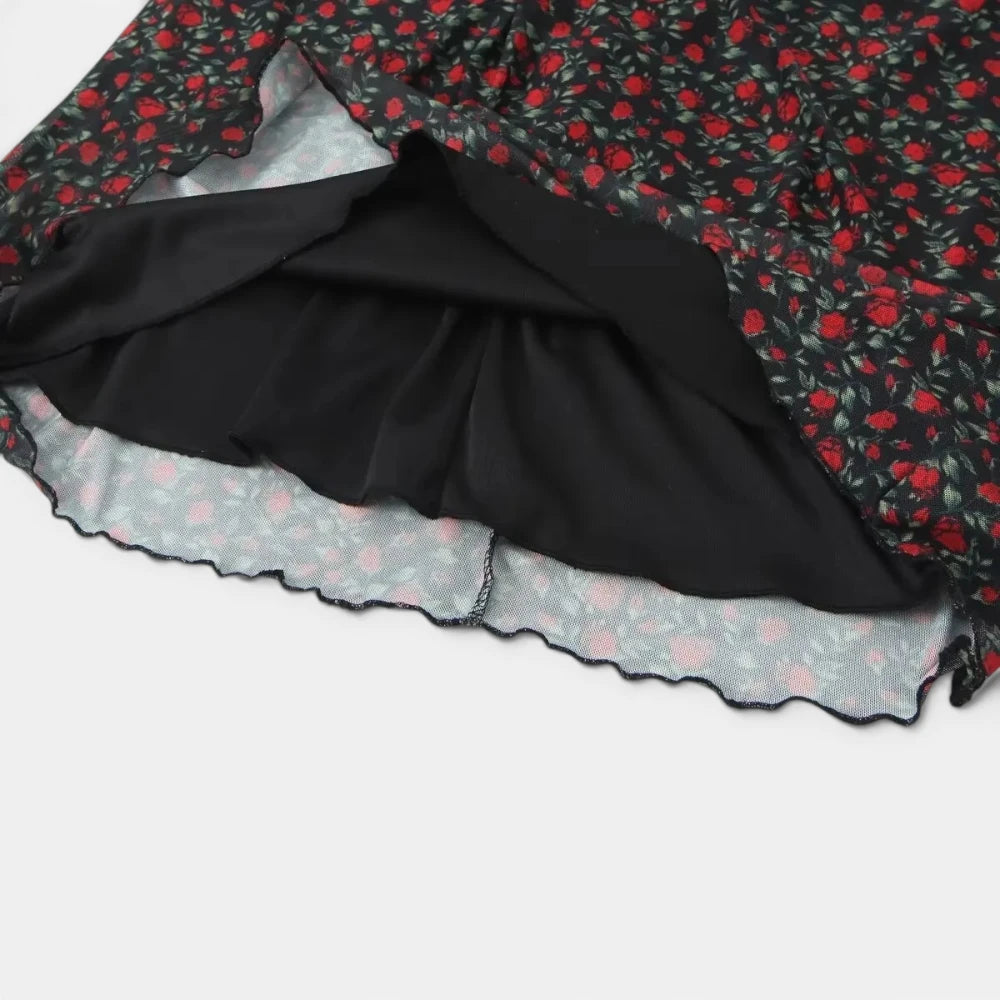 Robe Longue Fleurie à Col en V et Manches Courtes