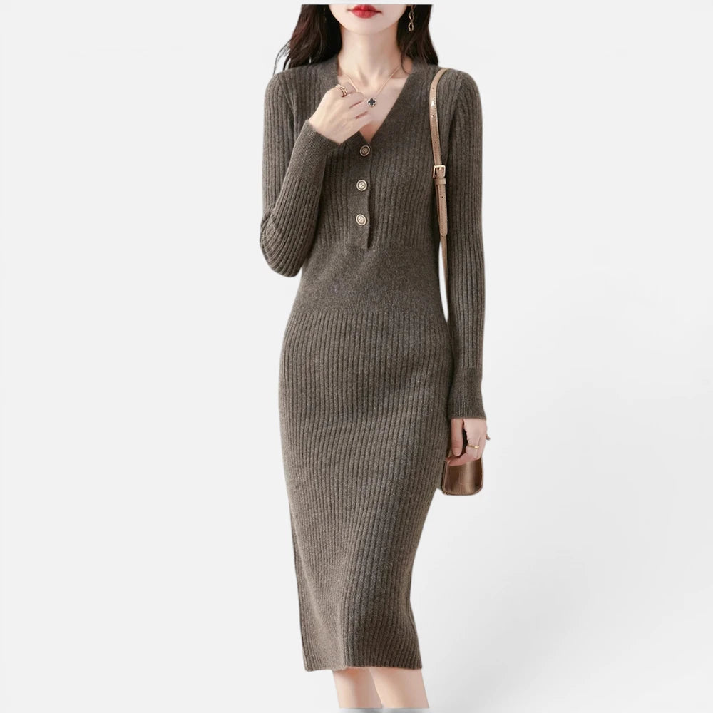 Robe Pull Mi-Longue en  Laine Mérinos Côtelée