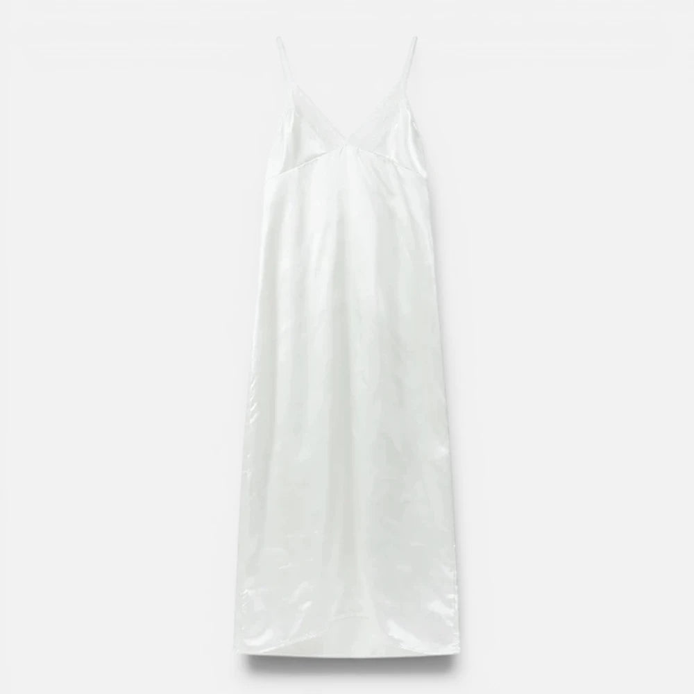 Robe Longue Satinée à Décolleté Dentelle et Fines Bretelles