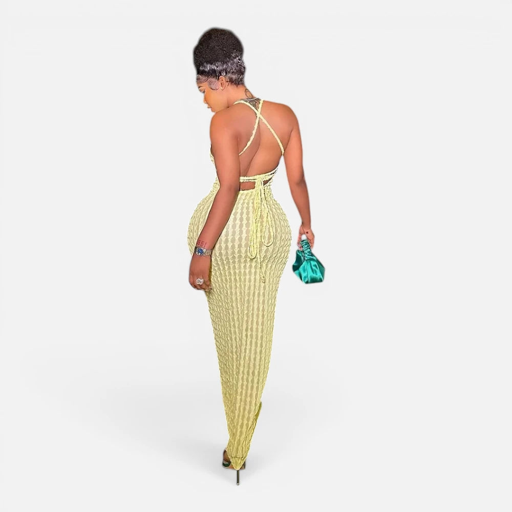 Robe Maxi Moulante Gaufrée à Fines Bretelles