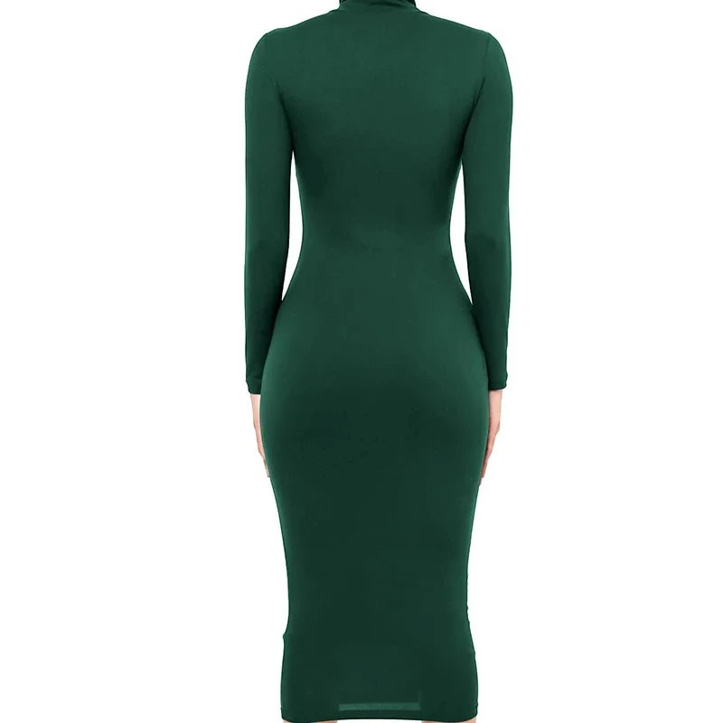 Robe Midi Moulante à Col Roulé et Manches Longues