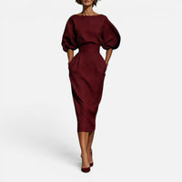 Robe Midi Texturée à Manches Lanternes Bouffantes