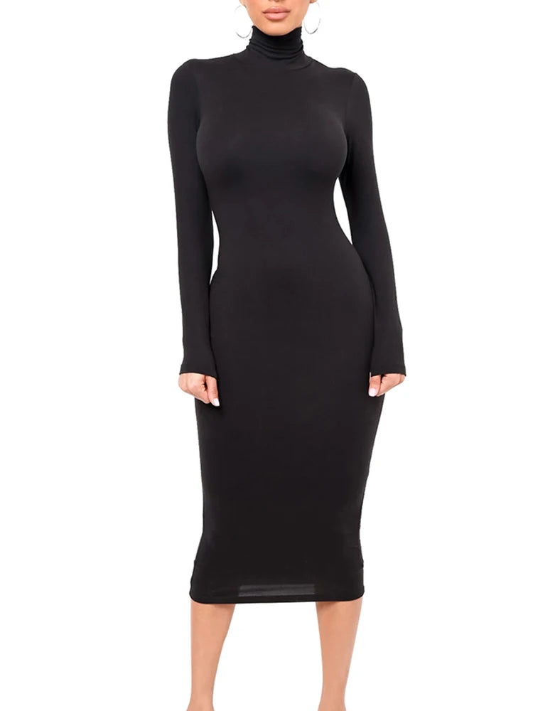 Robe Midi Moulante à Col Roulé et Manches Longues