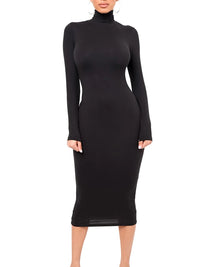 Robe Midi Moulante à Col Roulé et Manches Longues