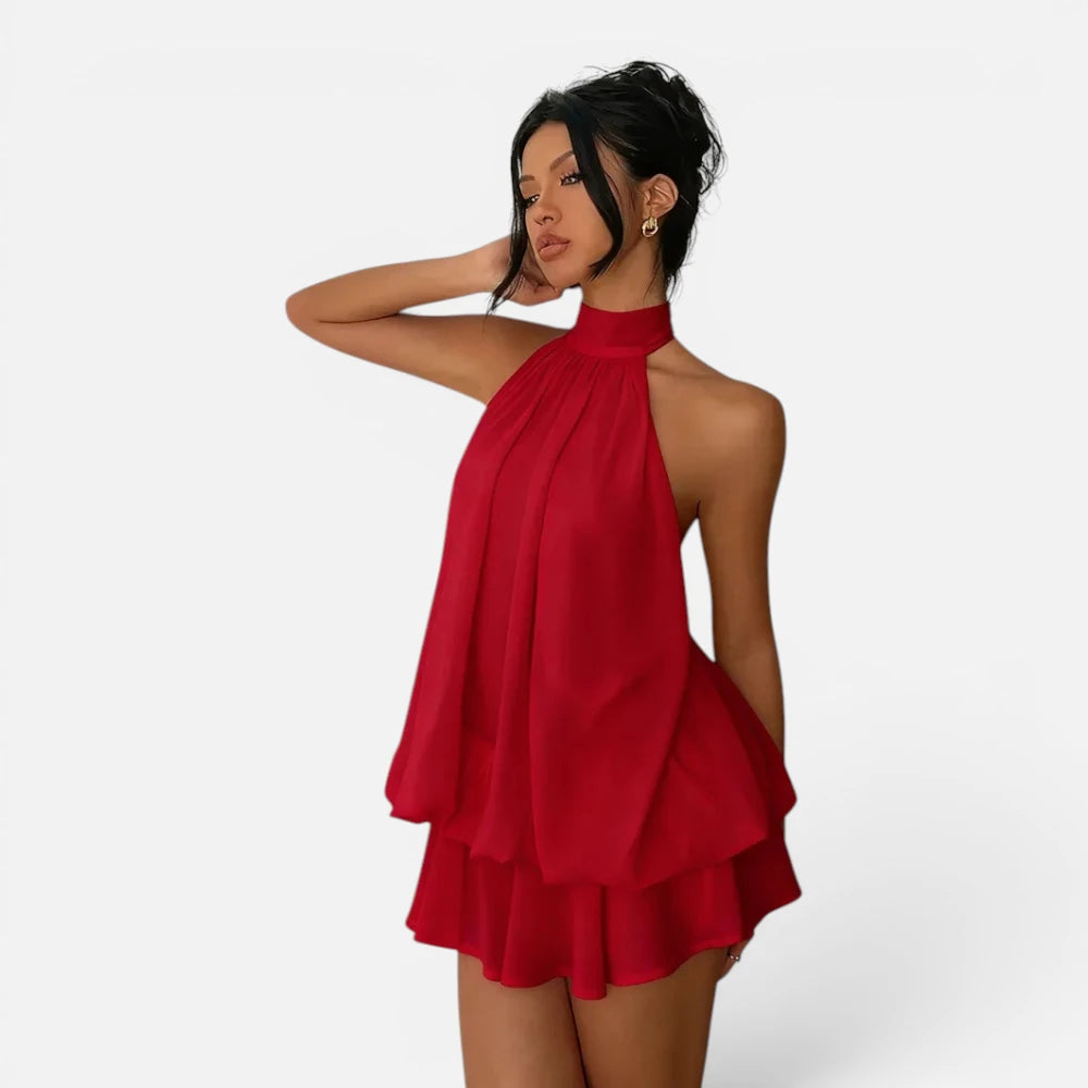 Mini Robe en Mousseline Fluide à Col Licou