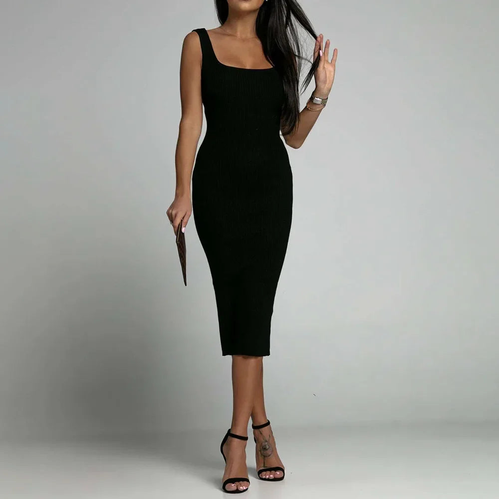 Robe Midi en Maille Côtélée à Col Carré sans Manches