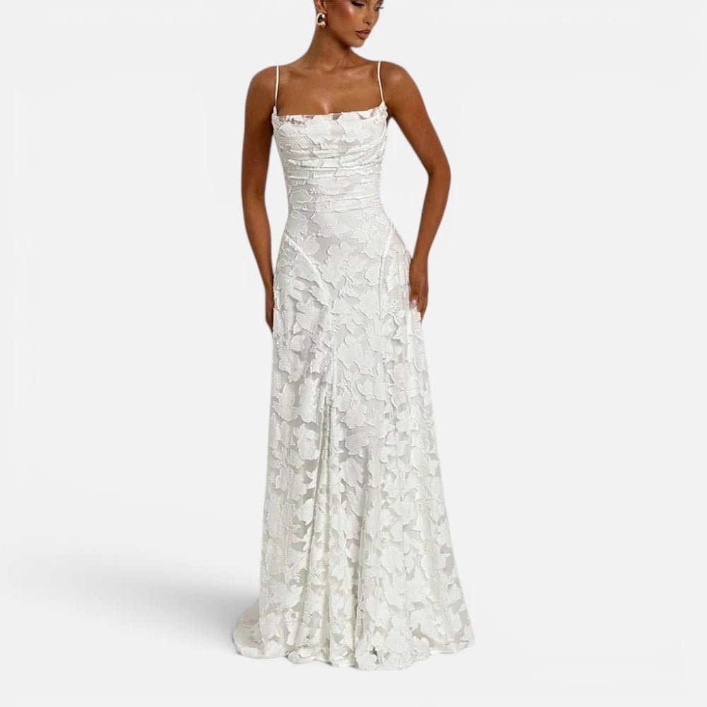 Robe Longue Broderie Florale avec Dos Nu à Bretelles