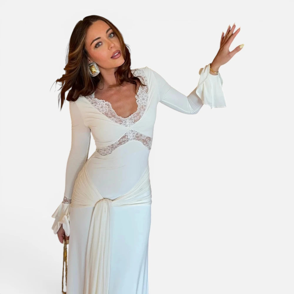 Robe Longue de Mariée Civile Fluide avec Décolleté Dentelle