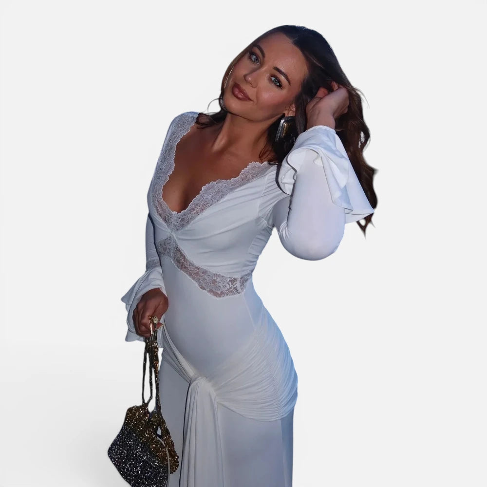 Robe Longue de Mariée Civile Fluide avec Décolleté Dentelle