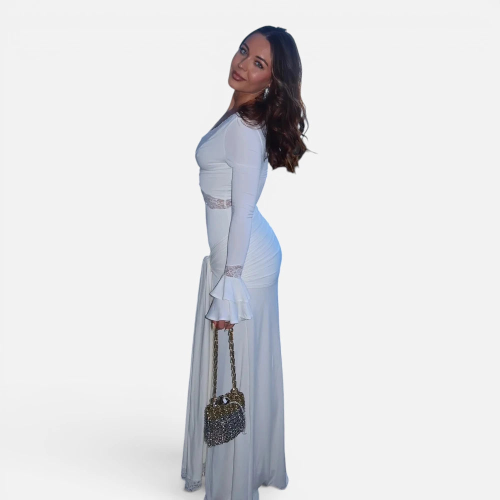 Robe Longue de Mariée Civile Fluide avec Décolleté Dentelle