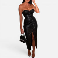 Robe Bustier en Similicuir avec Fente