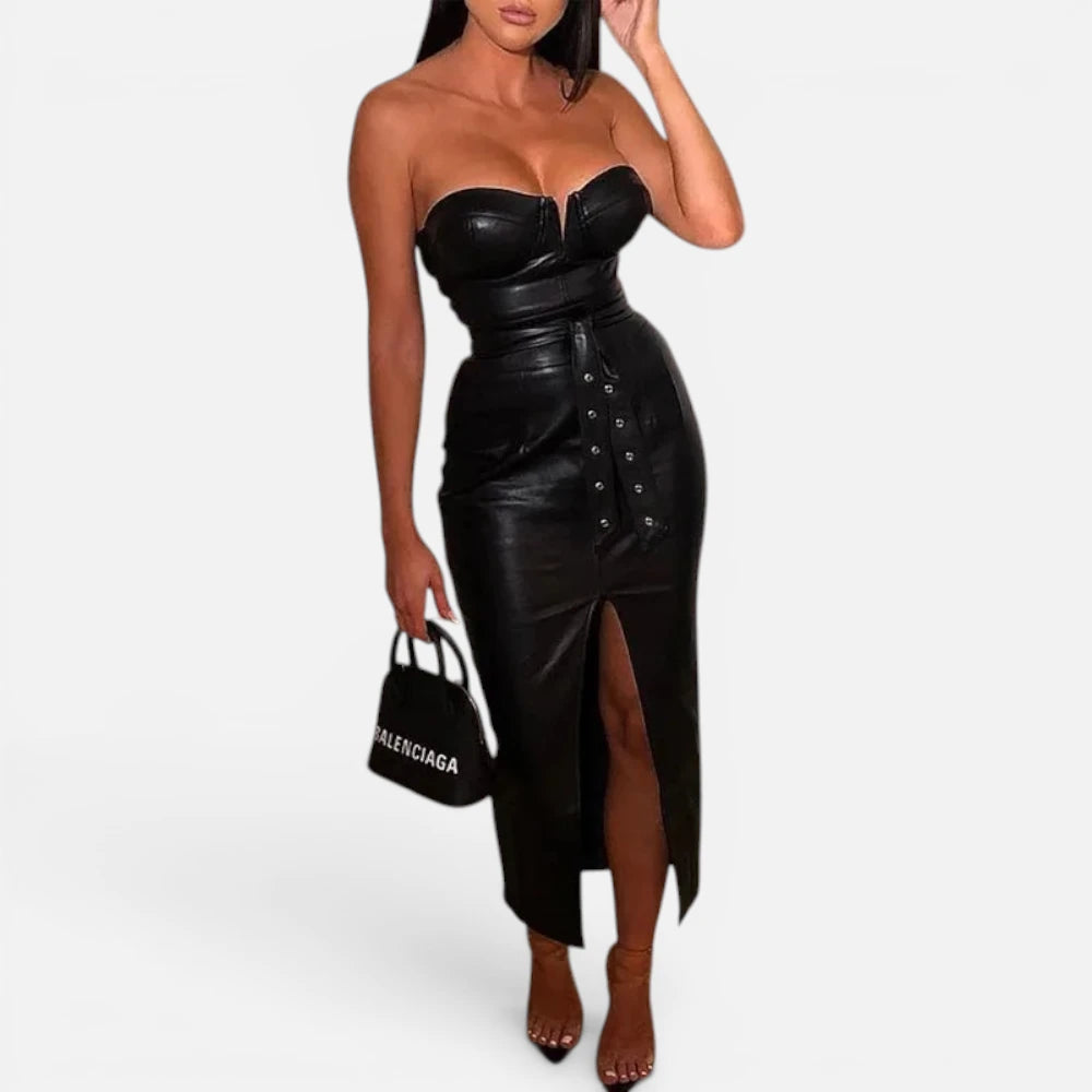 Robe Bustier en Similicuir avec Fente