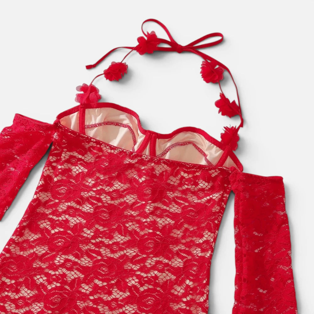 Robe Rouge A Bretelles Florales En Dentelle