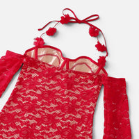 Robe Rouge A Bretelles Florales En Dentelle