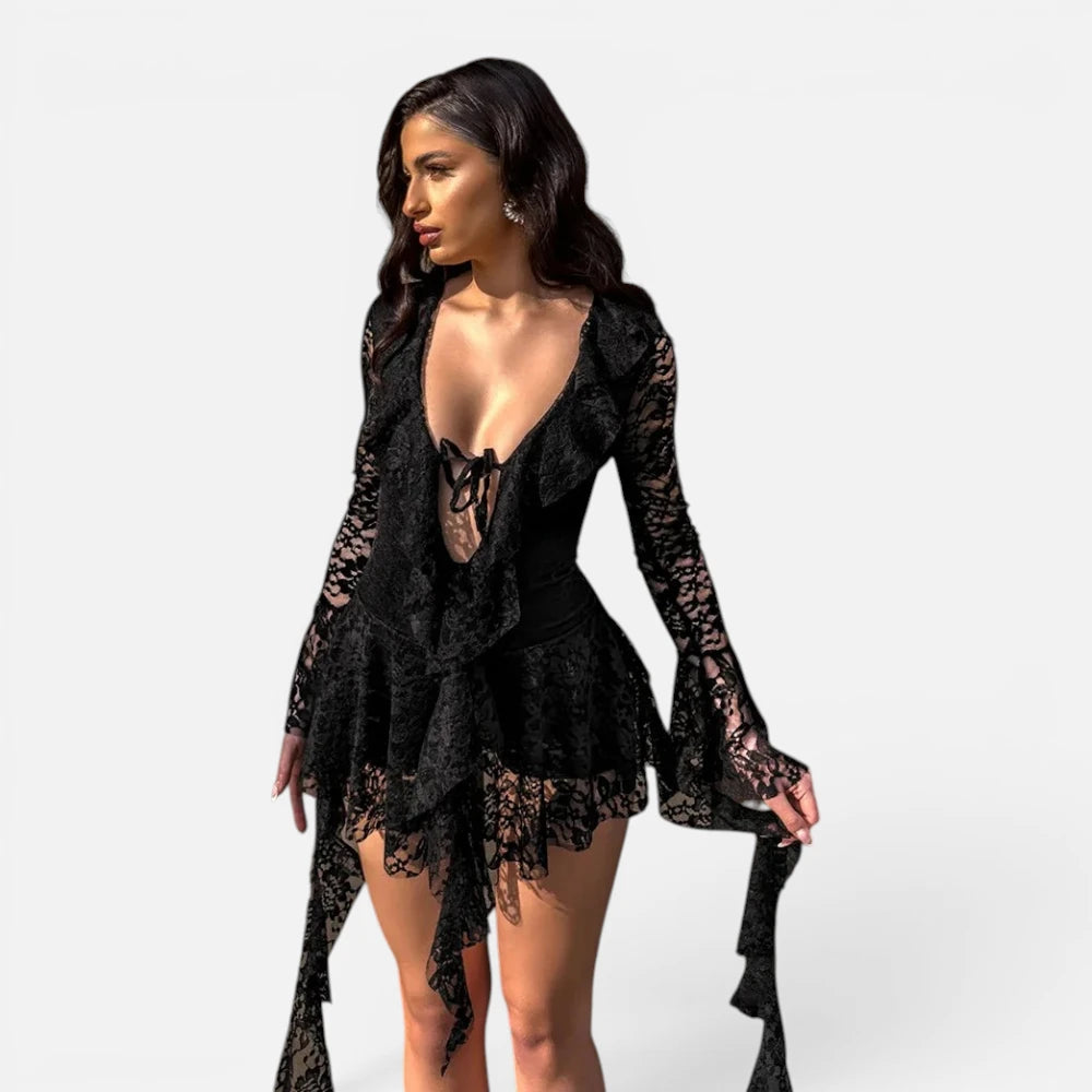 Robe Courte en Dentelle Asymétrique à Volants