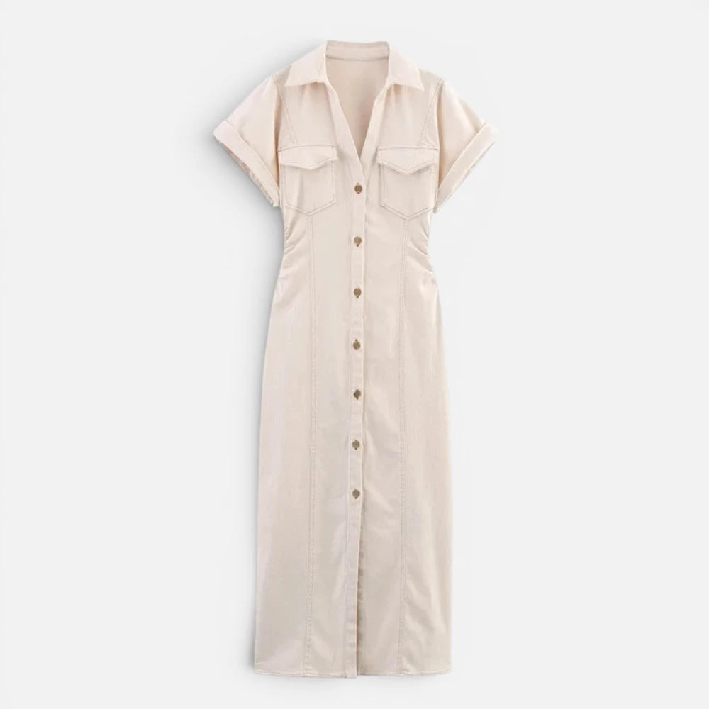 Robe Longue en Jean Ajustée à Boutons