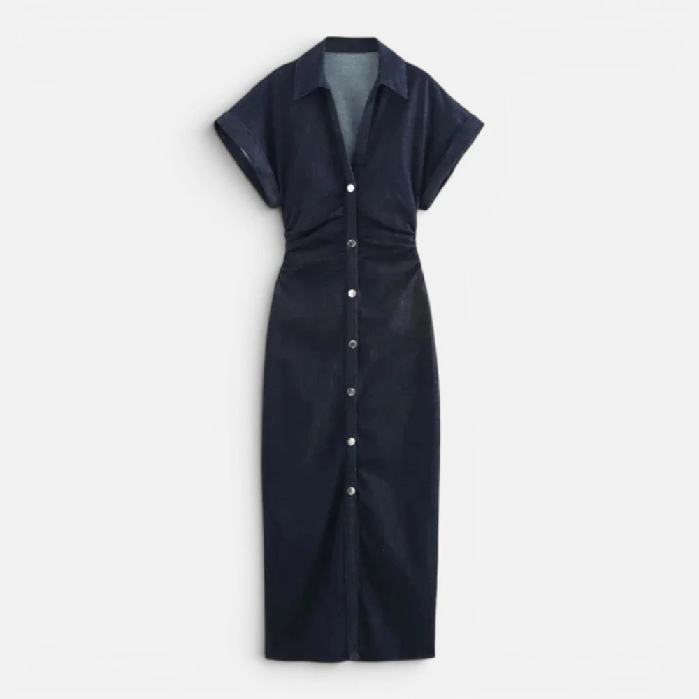 Robe Midi en Denim Boutonnée à Manches Courtes