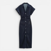 Robe Midi en Denim Boutonnée à Manches Courtes
