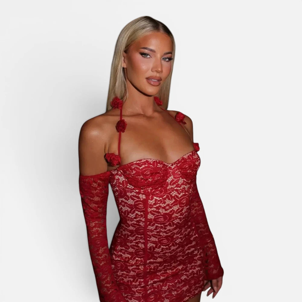 Robe Rouge A Bretelles Florales En Dentelle