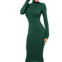 Robe Midi Moulante à Col Roulé et Manches Longues