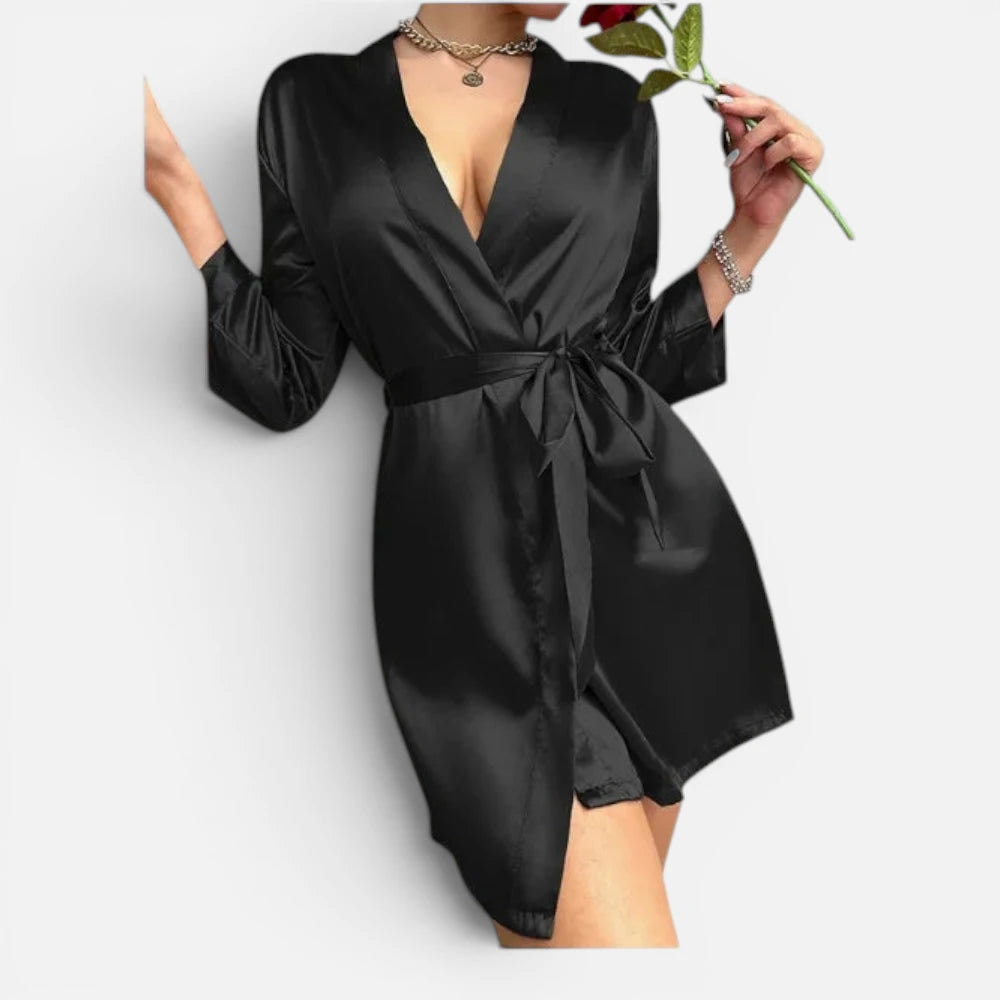 Robe de Chambre Courte en Satin Soyeux avec Ceinture
