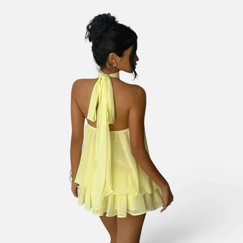 Mini Robe en Mousseline Fluide à Col Licou