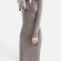 Robe Pull Longue en Maille Côtelée et Col Polo