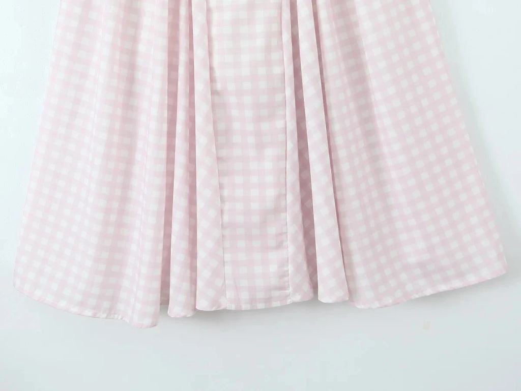Robe Midi Évasée à Motif Vichy Rose et Blanc
