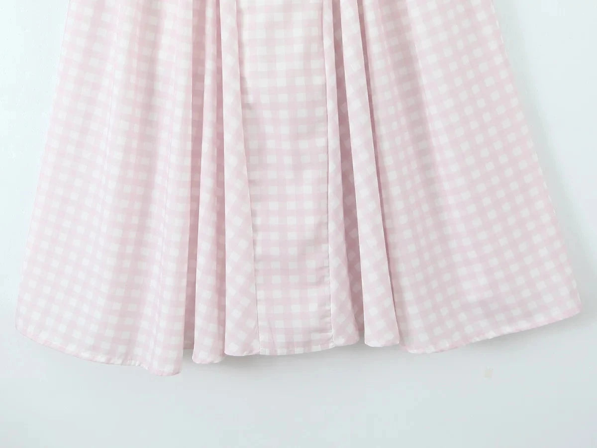 Robe Midi Évasée à Motif Vichy Rose et Blanc